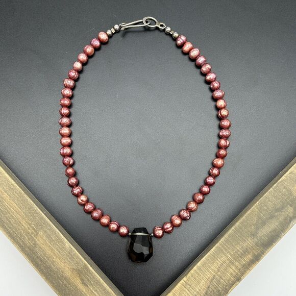 Smokey Quartz Boroque Red Fresh Water Pearl 925 Sterling Silver Necklace - Picture 2 of 13
